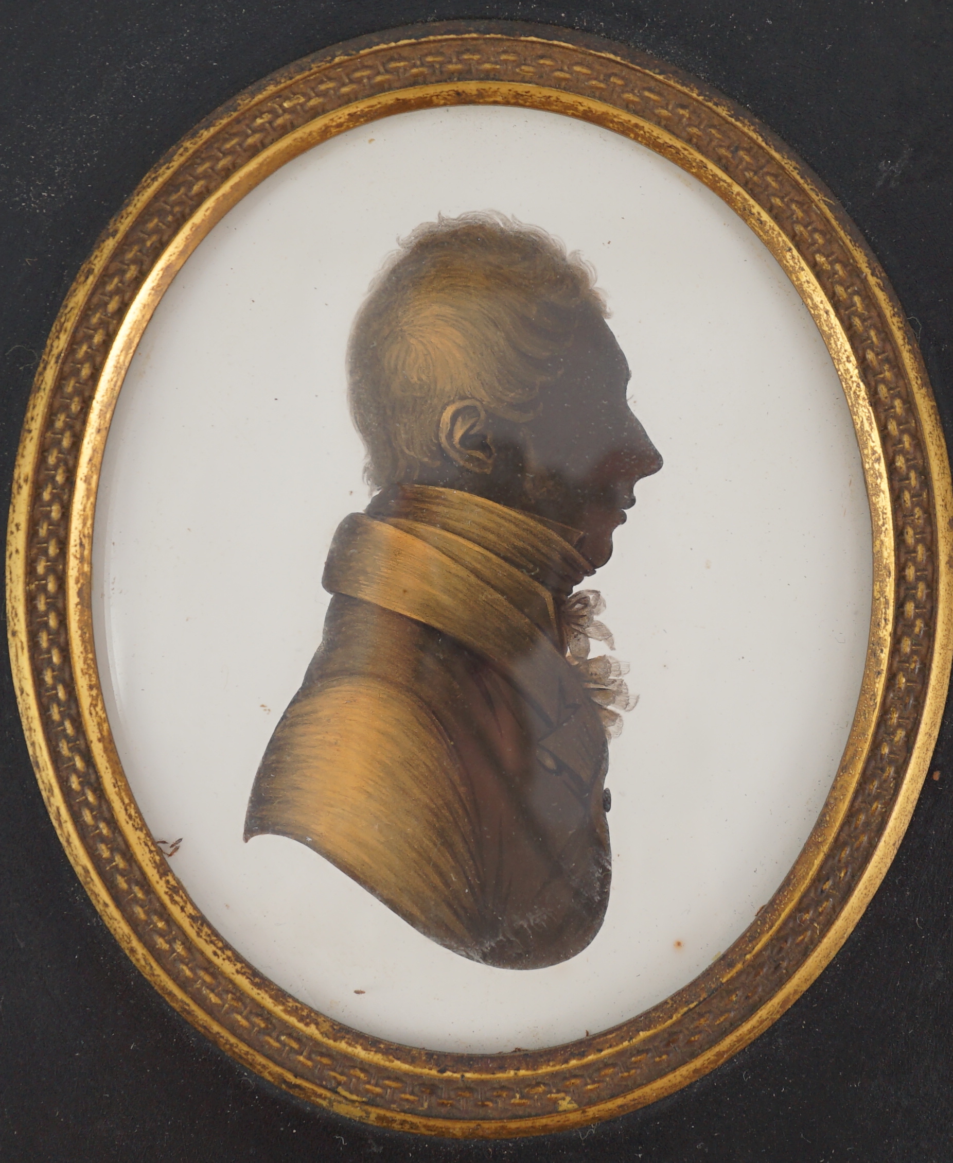 John Miers (1756-1821) , Silhouette of a gentleman, painted and bronzed plaster, 8 x 6.5cm.